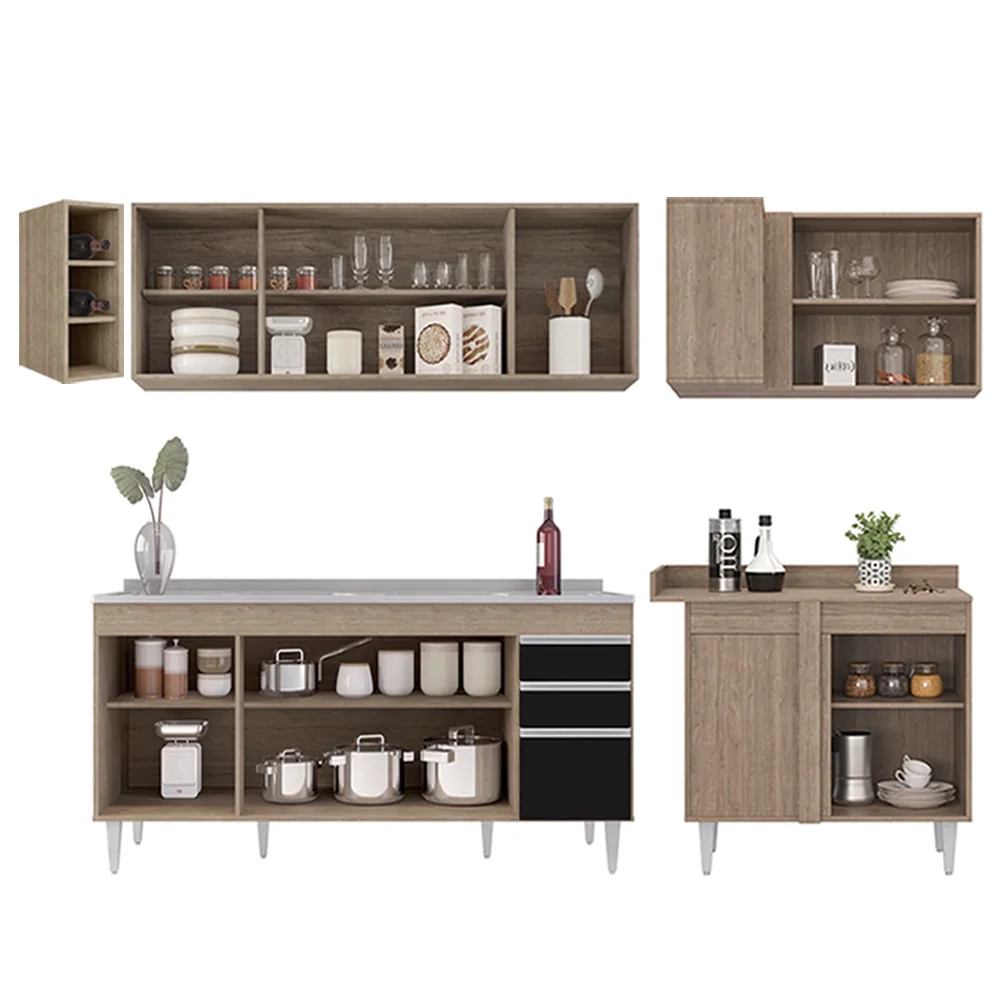 Armário de Cozinha Modulado de Canto Esquerdo 5 Peças CP54 com Pia Inox Castanho/Preto - Lumil