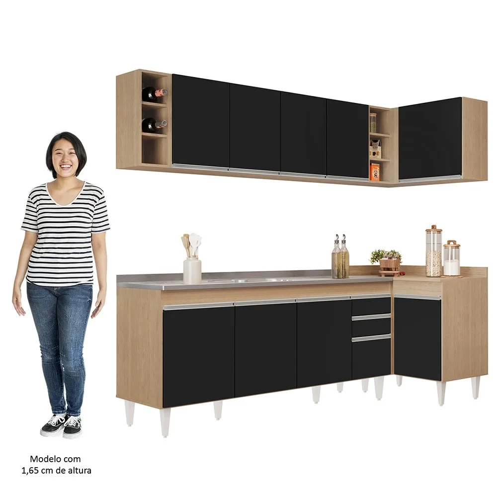 Armário de Cozinha Modulado de Canto Esquerdo 5 Peças CP54 com Pia Inox Castanho/Preto - Lumil