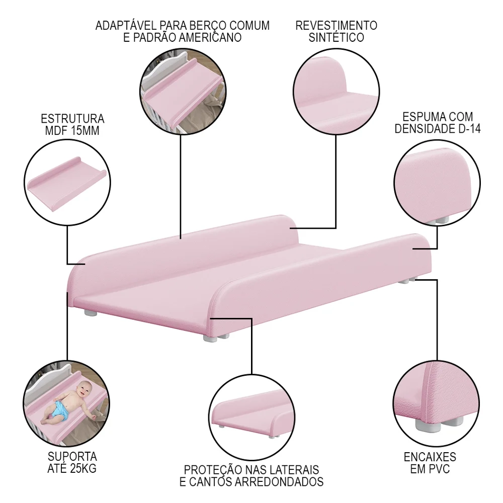 Suporte Trocador para Berço Americano Cloud Sintético Rosa - Phoenix