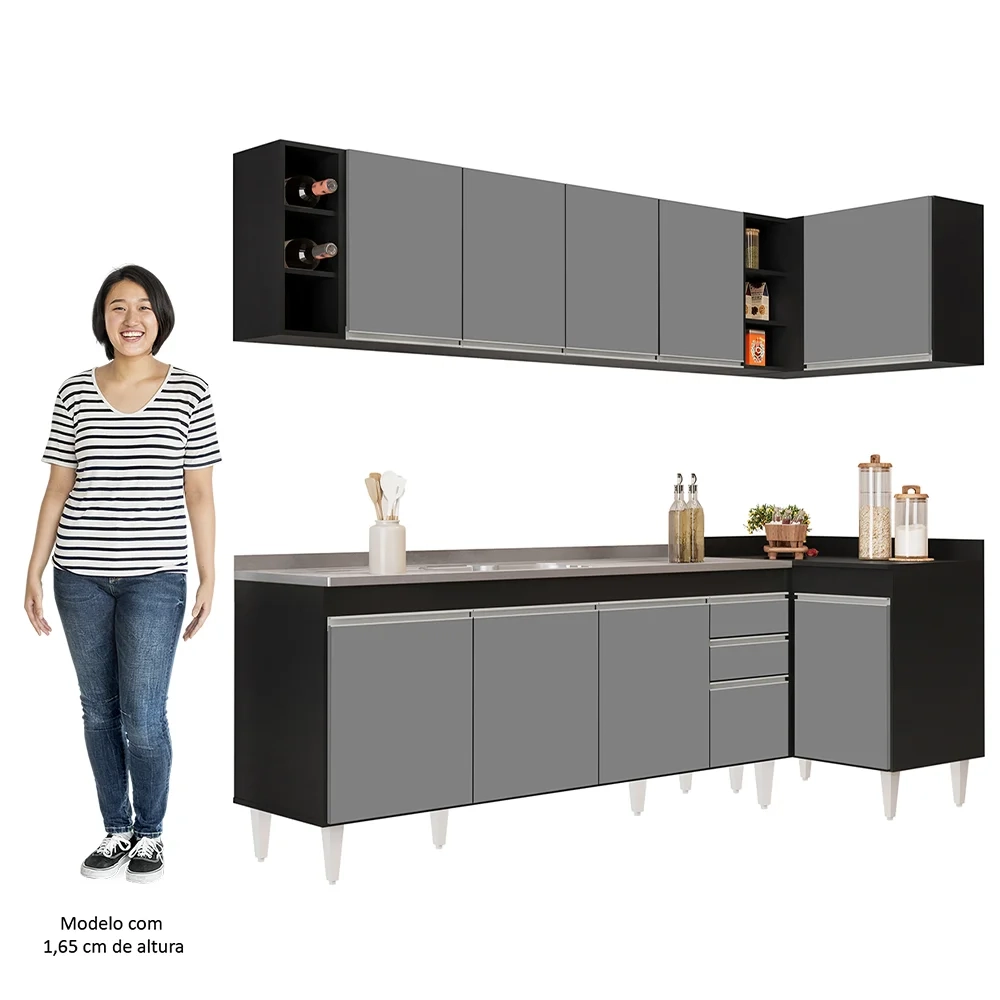 Armário de Cozinha Modulado de Canto Esquerdo 5 Peças CP54 com Pia Inox Preto/Cinza - Lumil