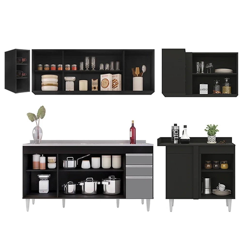 Armário de Cozinha Modulado de Canto Esquerdo 5 Peças CP54 com Pia Inox Preto/Cinza - Lumil