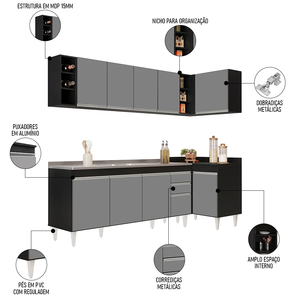 Armário de Cozinha Modulado de Canto Esquerdo 5 Peças CP54 com Pia Inox Preto/Cinza - Lumil