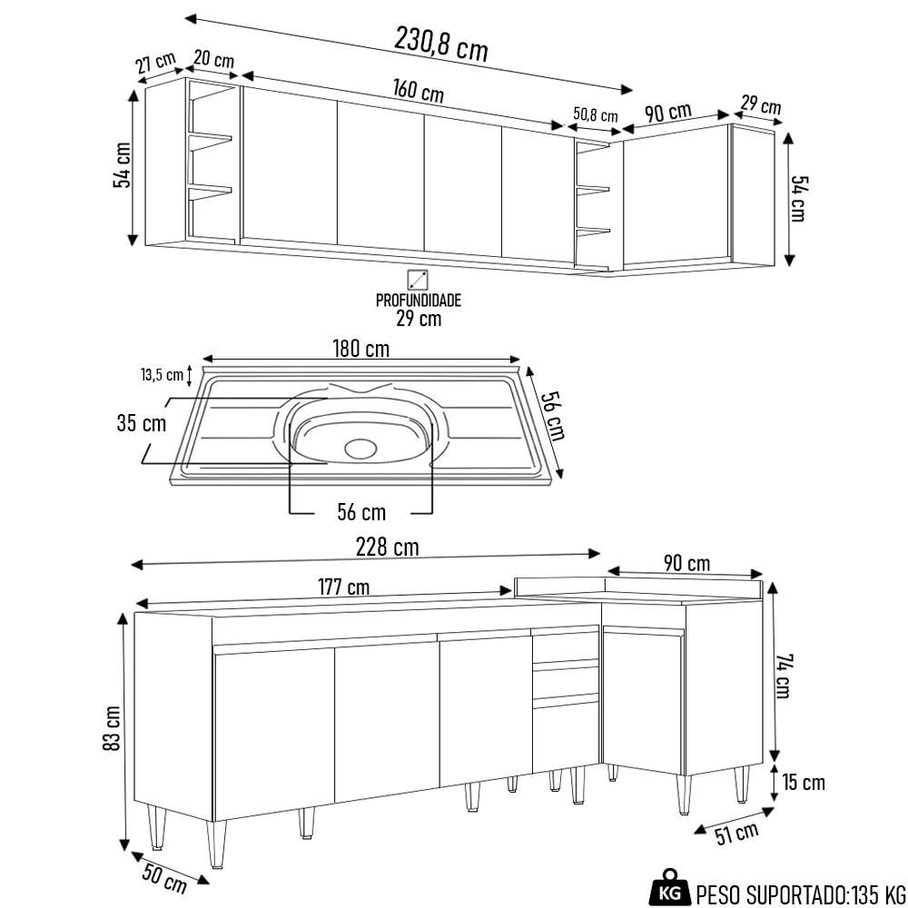 Armário de Cozinha Modulado de Canto Esquerdo 5 Peças CP54 com Pia Inox Preto/Cinza - Lumil