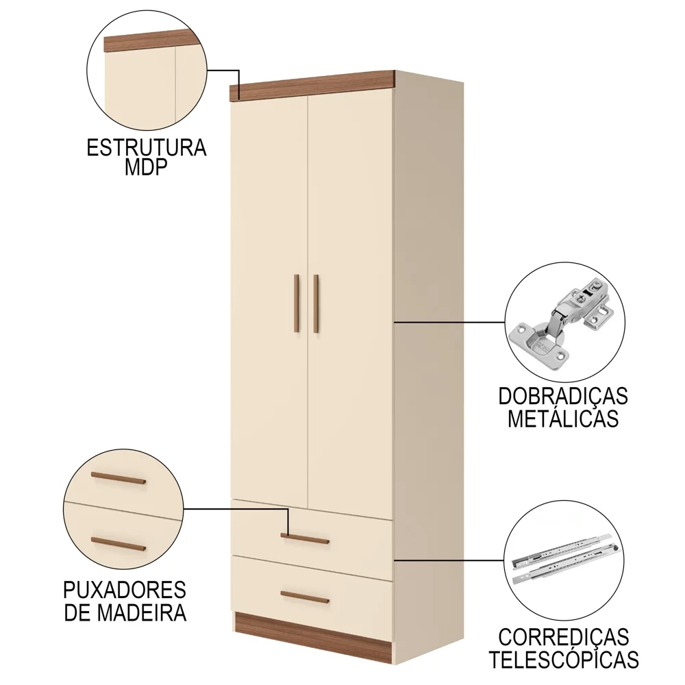 Guarda Roupa Infantil 2 Portas Chiara Off White/Carvalho - Phoenix