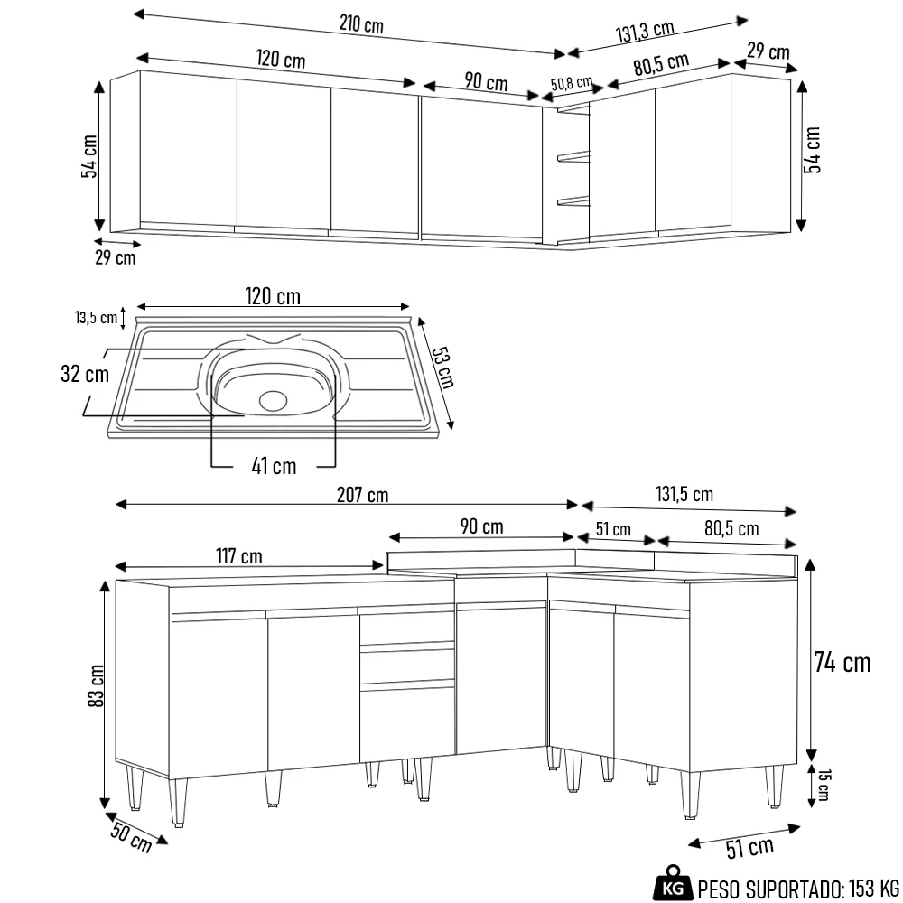 Armário de Cozinha Modulado de Canto 6 Peças CP30 com Pia Inox Castanho/Cinza - Lumil