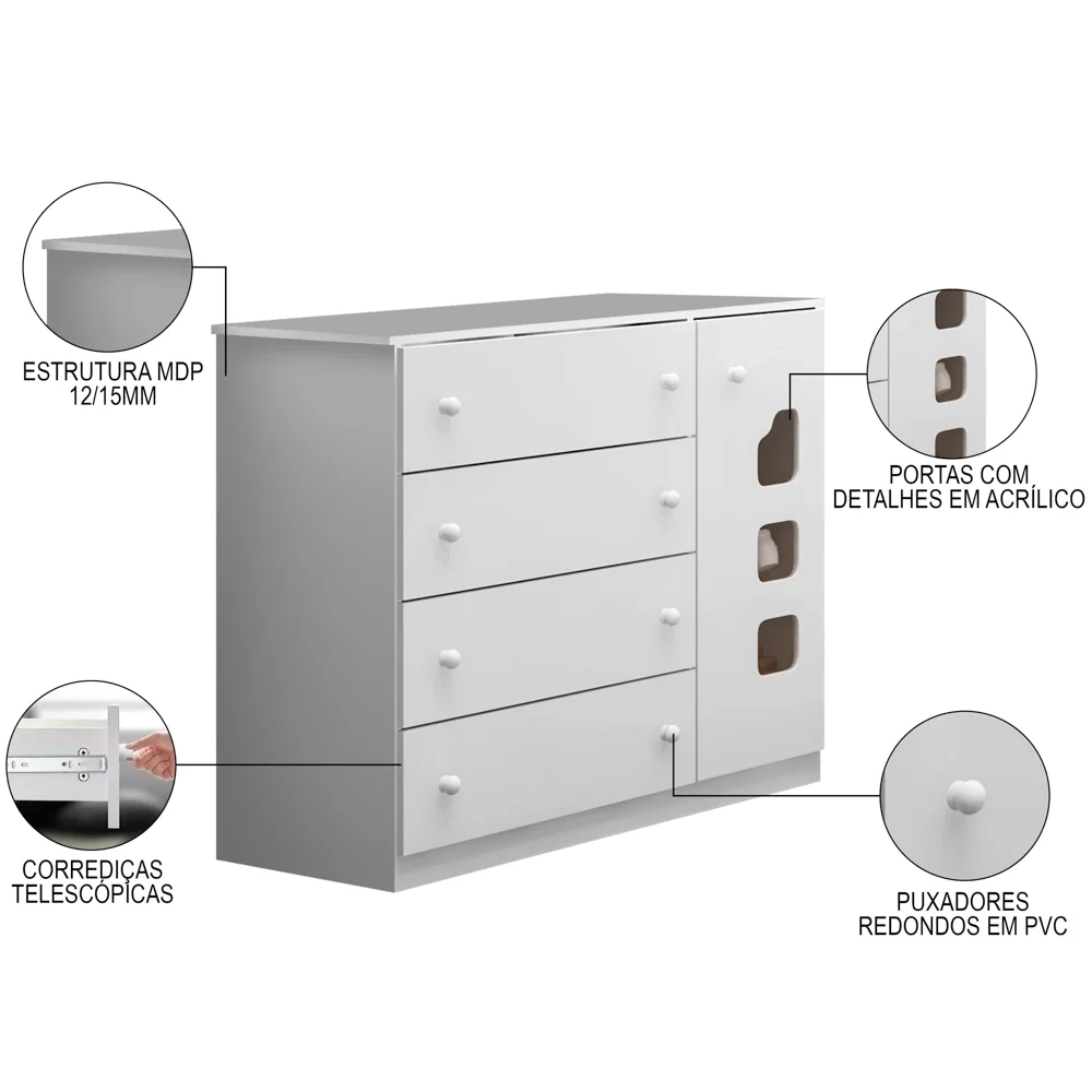 Quarto Infantil 3 Peças Poltrona Amamentação Cecilia Sintético Bege/Branco - Phoenix