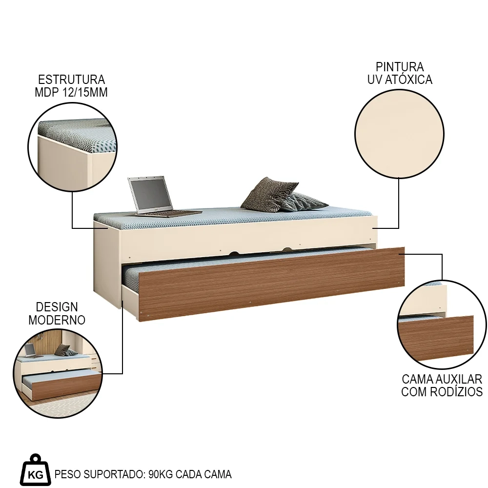 Bicama Solteiro Cama Auxiliar 100% MDP Chiara Off White/Carvalho - Phoenix