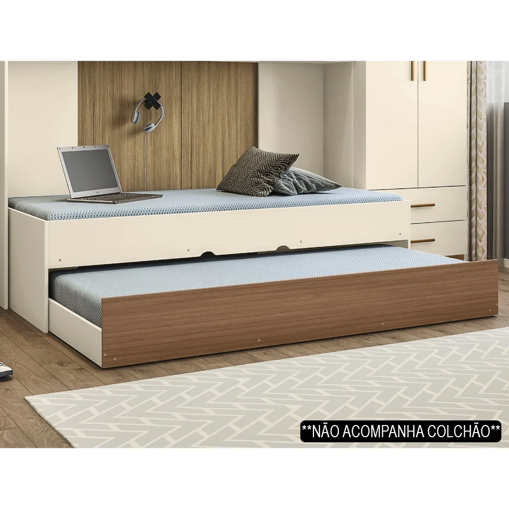 Bicama Solteiro Cama Auxiliar 100% MDP Chiara Off White/Carvalho - Phoenix