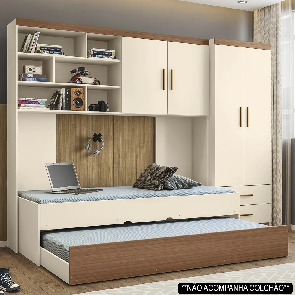 Quarto Infantil Modulado 4 Portas Com Bicama Chiara Off White/Carvalho - Phoenix