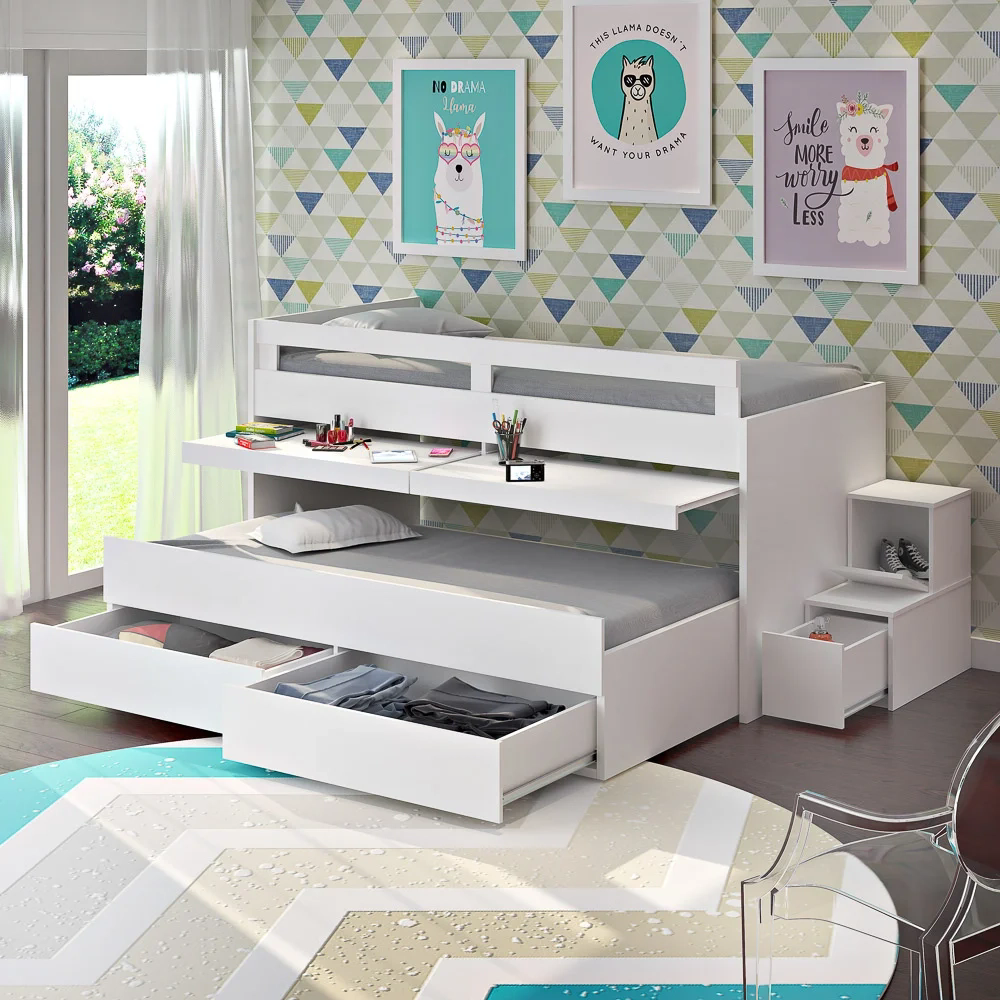 Beliche Juvenil Baixa 2 Gavetas Escrivaninha e Escada  2 em 1 Faces F04 Branco - Mpozenato