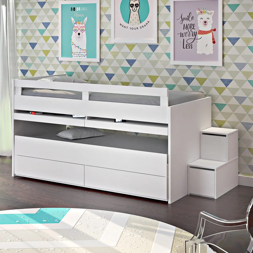 Beliche Juvenil Baixa 2 Gavetas Escrivaninha e Escada  2 em 1 Faces F04 Branco - Mpozenato