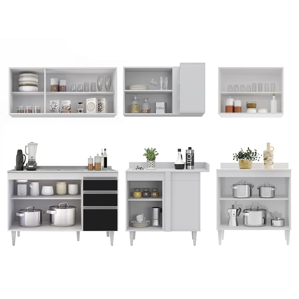 Armário de Cozinha Modulado de Canto 6 Peças CP30 com Pia Inox Branco/Preto - Lumil