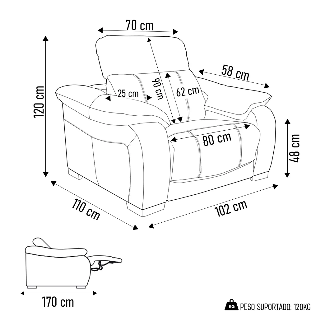 Poltrona Reclinável para Sala de Estar Living Line L07 Couro Preto - Mpozenato