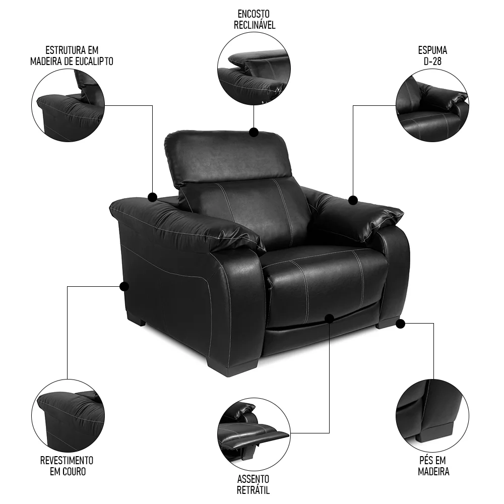 Poltrona Reclinável para Sala de Estar Living Line L07 Couro Preto - Mpozenato