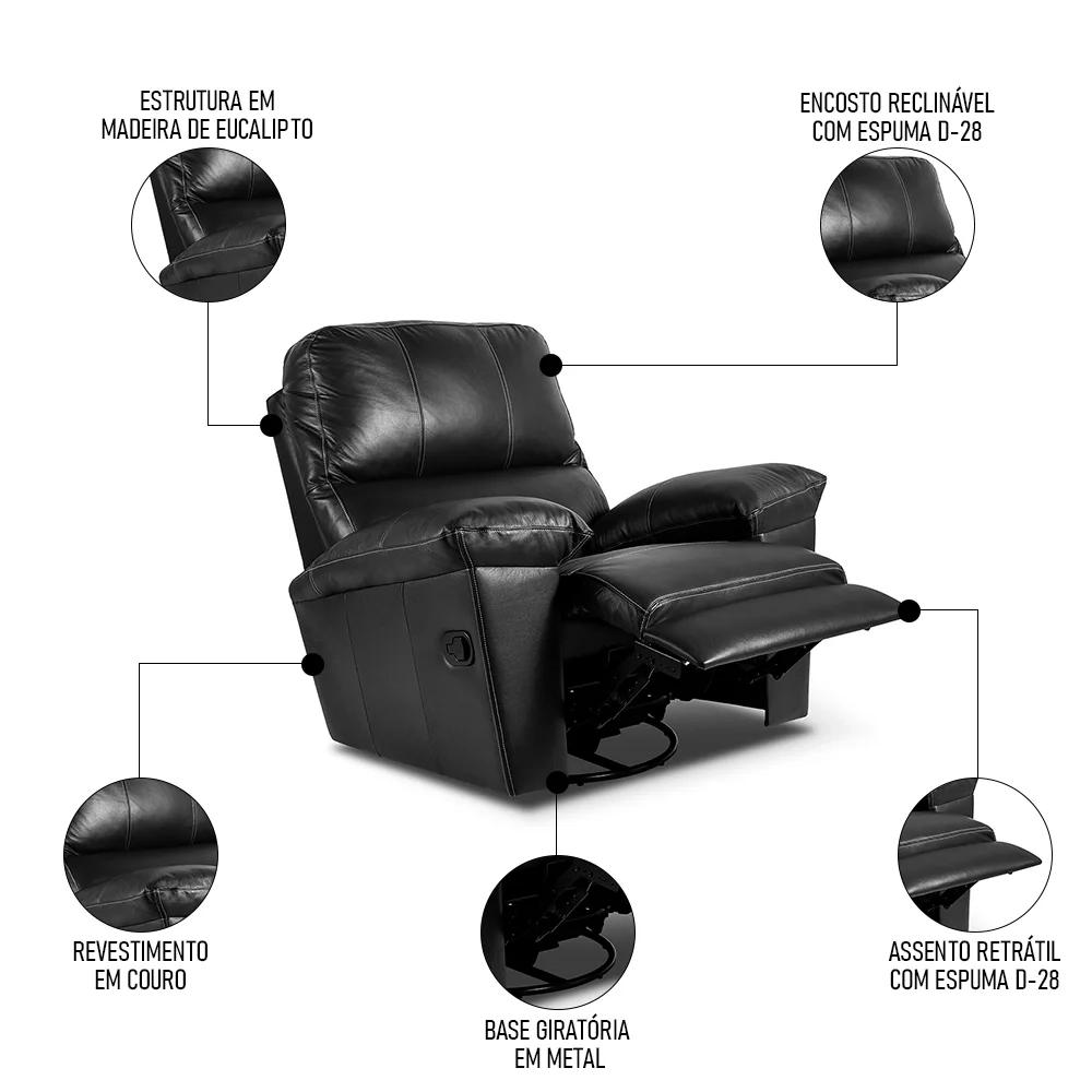 Poltrona do Papai Reclinável Retrátil Félix L07 Couro Preto - Mpozenato
