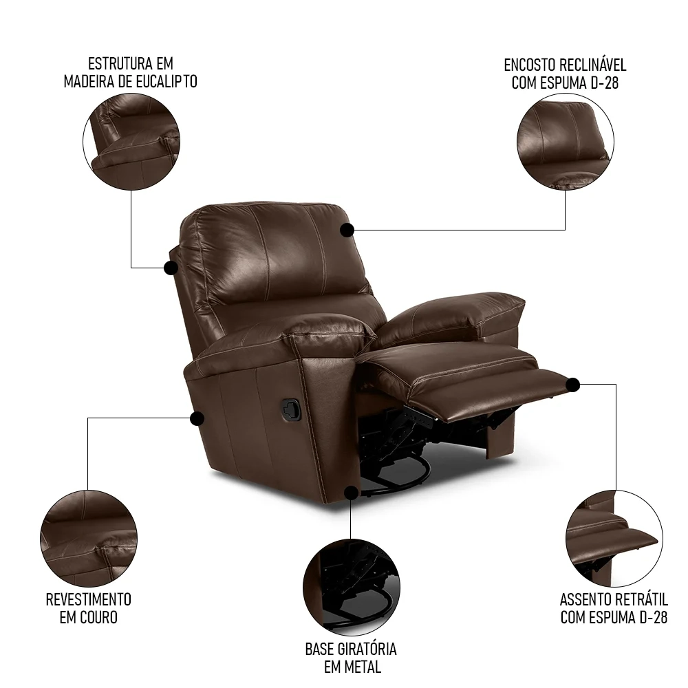 Poltrona do Papai Reclinável Retrátil Félix L07 Couro Marrom Café - Mpozenato