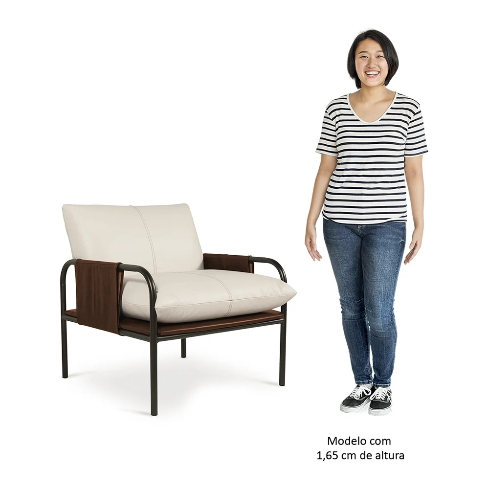 Poltrona Decorativa Estilo Industrial Lina L07 Couro Branco/Camel - Mpozenato