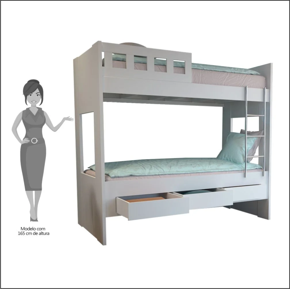 Beliche 3 Gavetas com Escada Metalizada Faces F04  Branco - Mpozenato