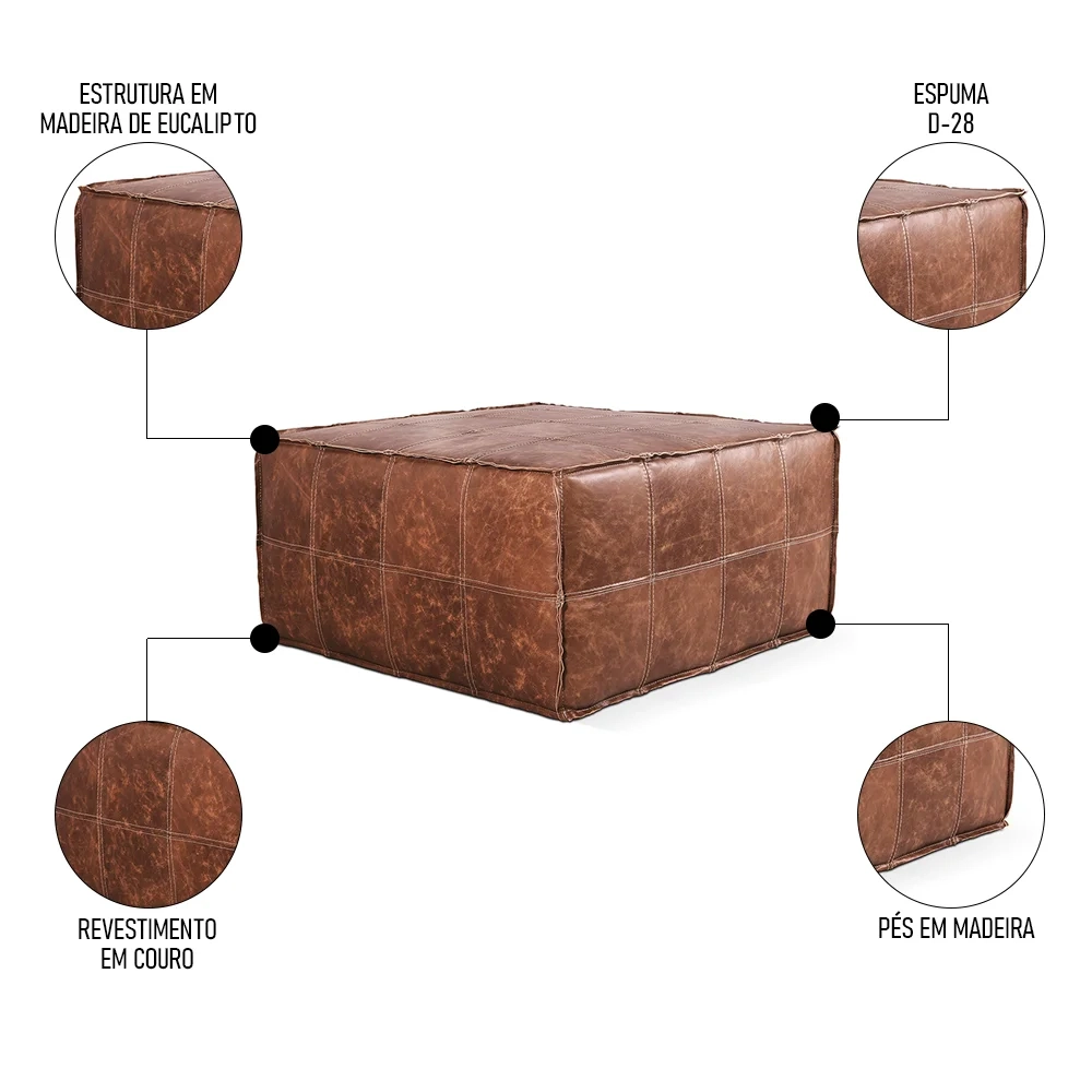 Puff Quadrado Decorativo Sala de Estar Living Lira L07 Couro Camel - Mpozenato