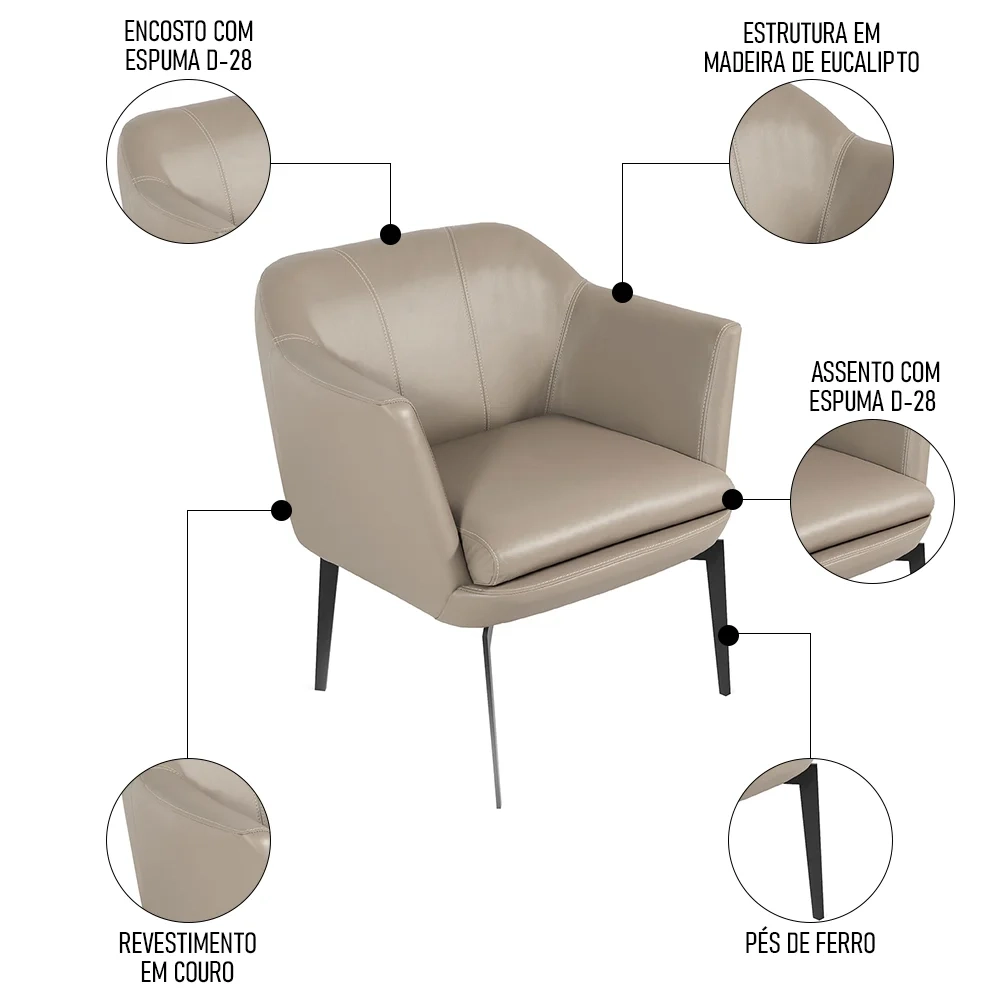 Poltrona Decorativa para Sala de Estar Cris L07 Couro Fendi - Mpozenato