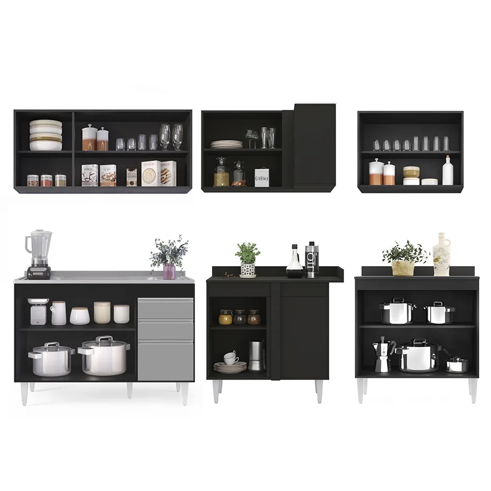 Armário de Cozinha Modulado de Canto 6 Peças CP30 com Pia Inox Preto/Cinza - Lumil