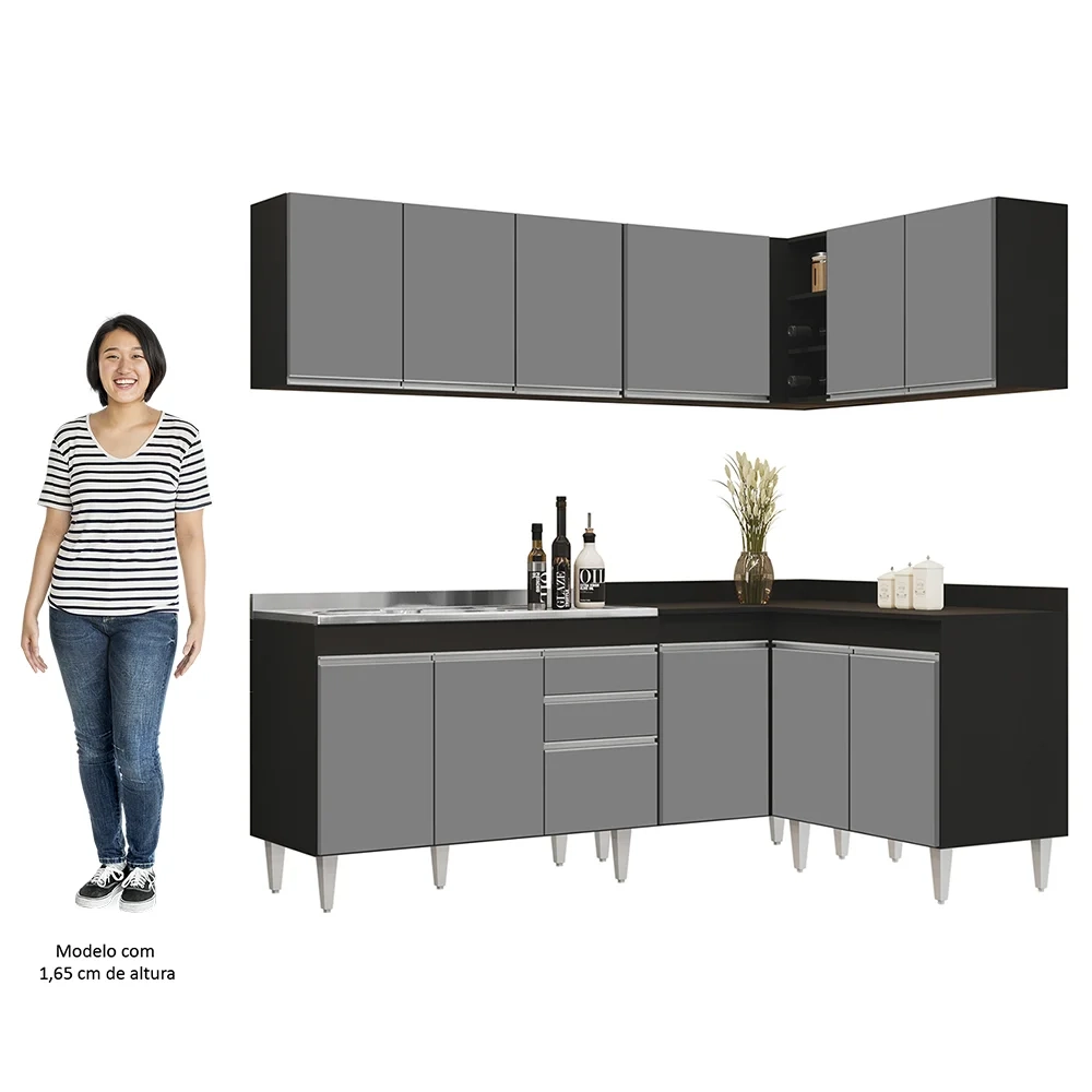 Armário de Cozinha Modulado de Canto 6 Peças CP30 com Pia Inox Preto/Cinza - Lumil