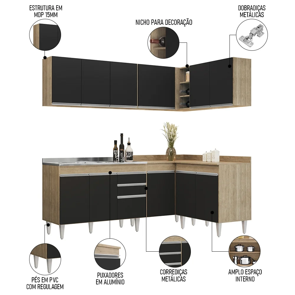 Armário de Cozinha Modulado de Canto 6 Peças CP30 com Pia Inox Castanho/Preto - Lumil