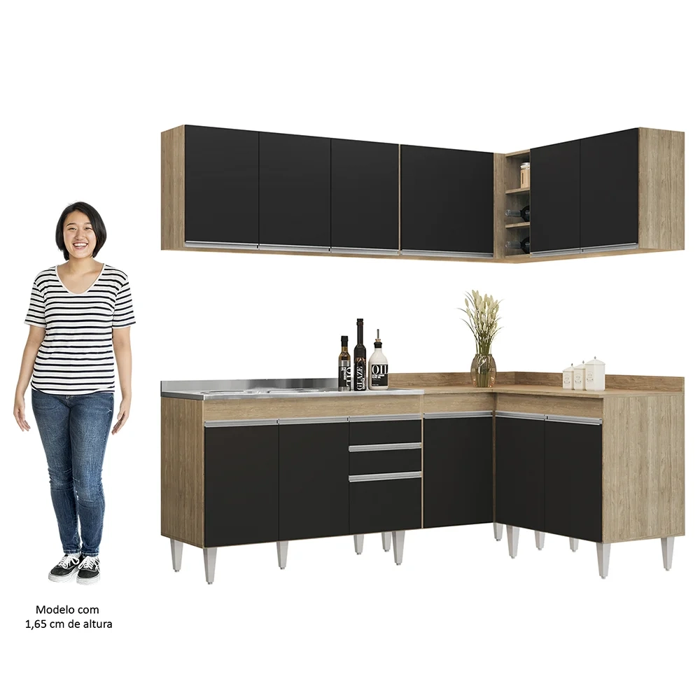 Armário de Cozinha Modulado de Canto 6 Peças CP30 com Pia Inox Castanho/Preto - Lumil