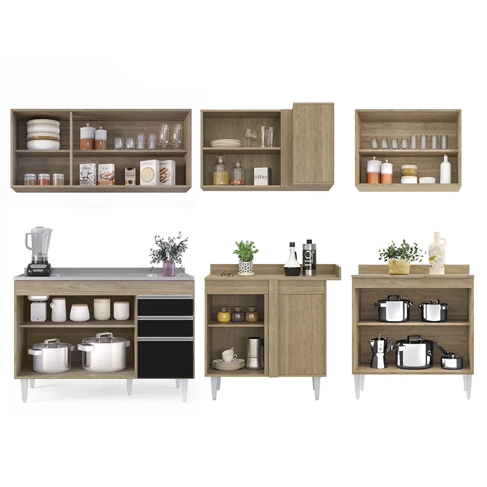 Armário de Cozinha Modulado de Canto 6 Peças CP30 com Pia Inox Castanho/Preto - Lumil