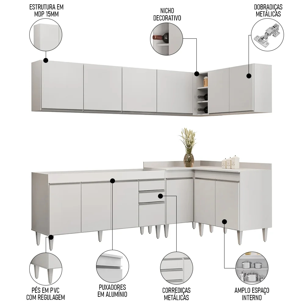 Armário de Cozinha Modulado de Canto 6 Peças CP31 Balcão sem Tampo Branco - Lumil