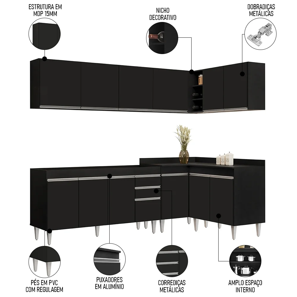 Armário de Cozinha Modulado de Canto 6 Peças CP31 Balcão sem Tampo Preto - Lumil