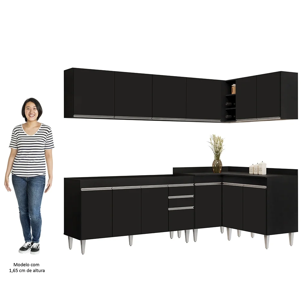 Armário de Cozinha Modulado de Canto 6 Peças CP31 Balcão sem Tampo Preto - Lumil