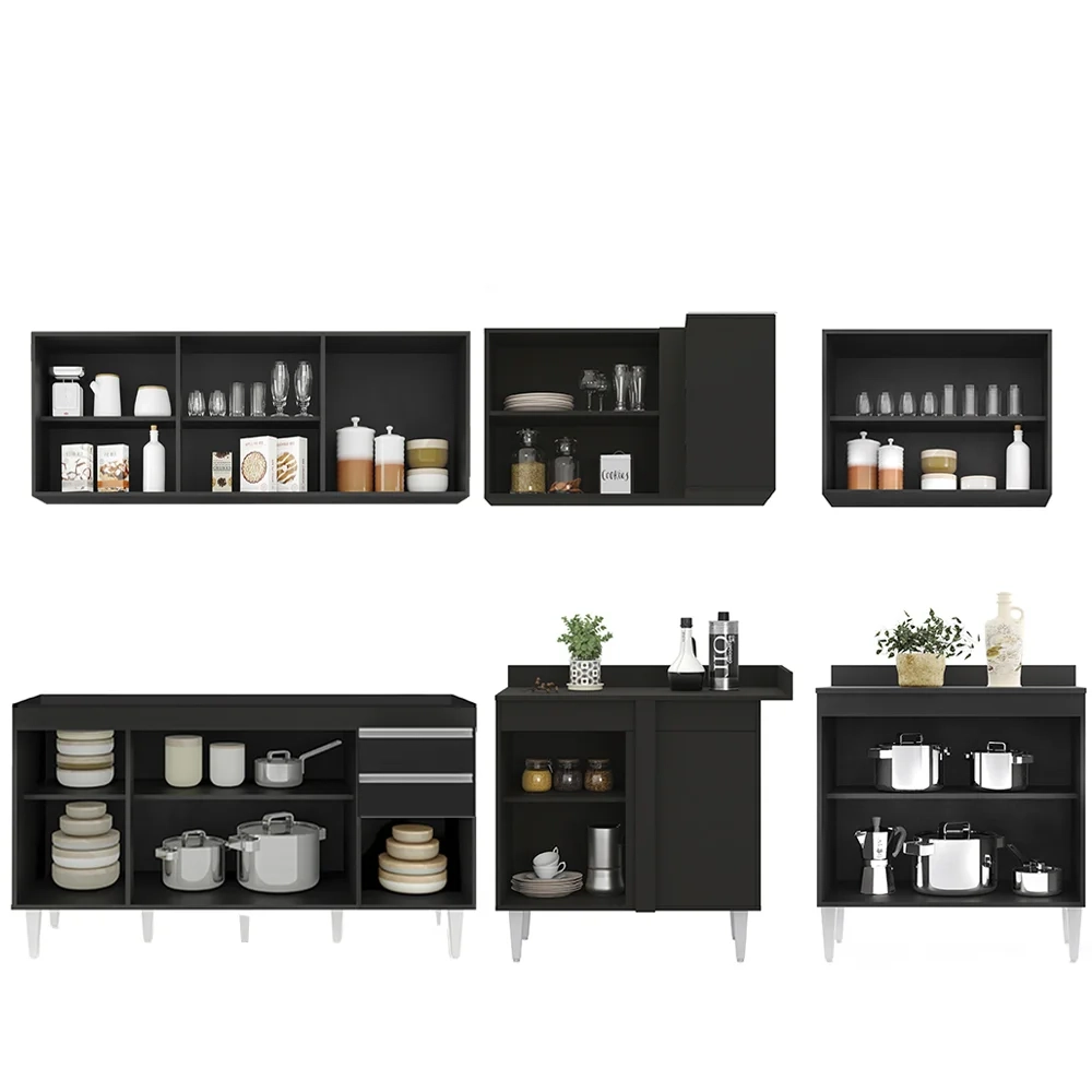 Armário de Cozinha Modulado de Canto 6 Peças CP31 Balcão sem Tampo Preto - Lumil