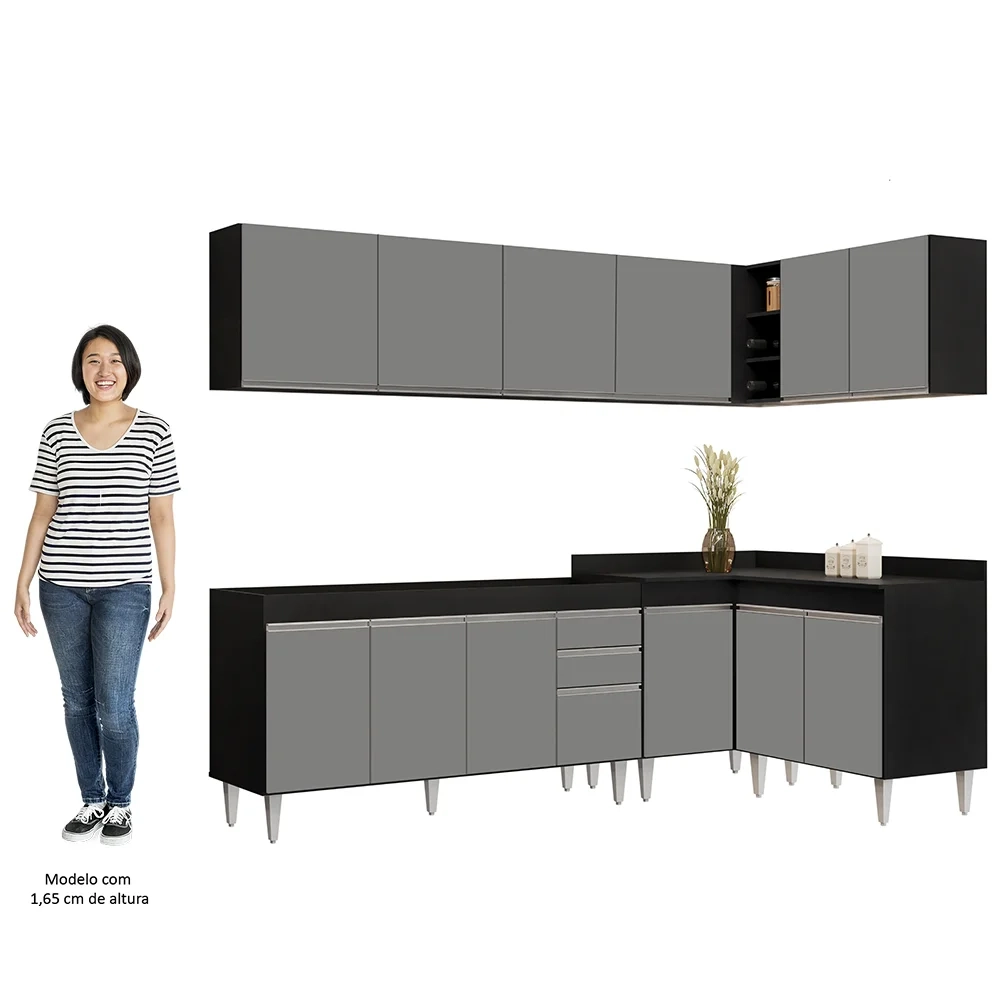 Armário de Cozinha Modulado de Canto 6 Peças CP31 Balcão sem Tampo Preto/Cinza - Lumil