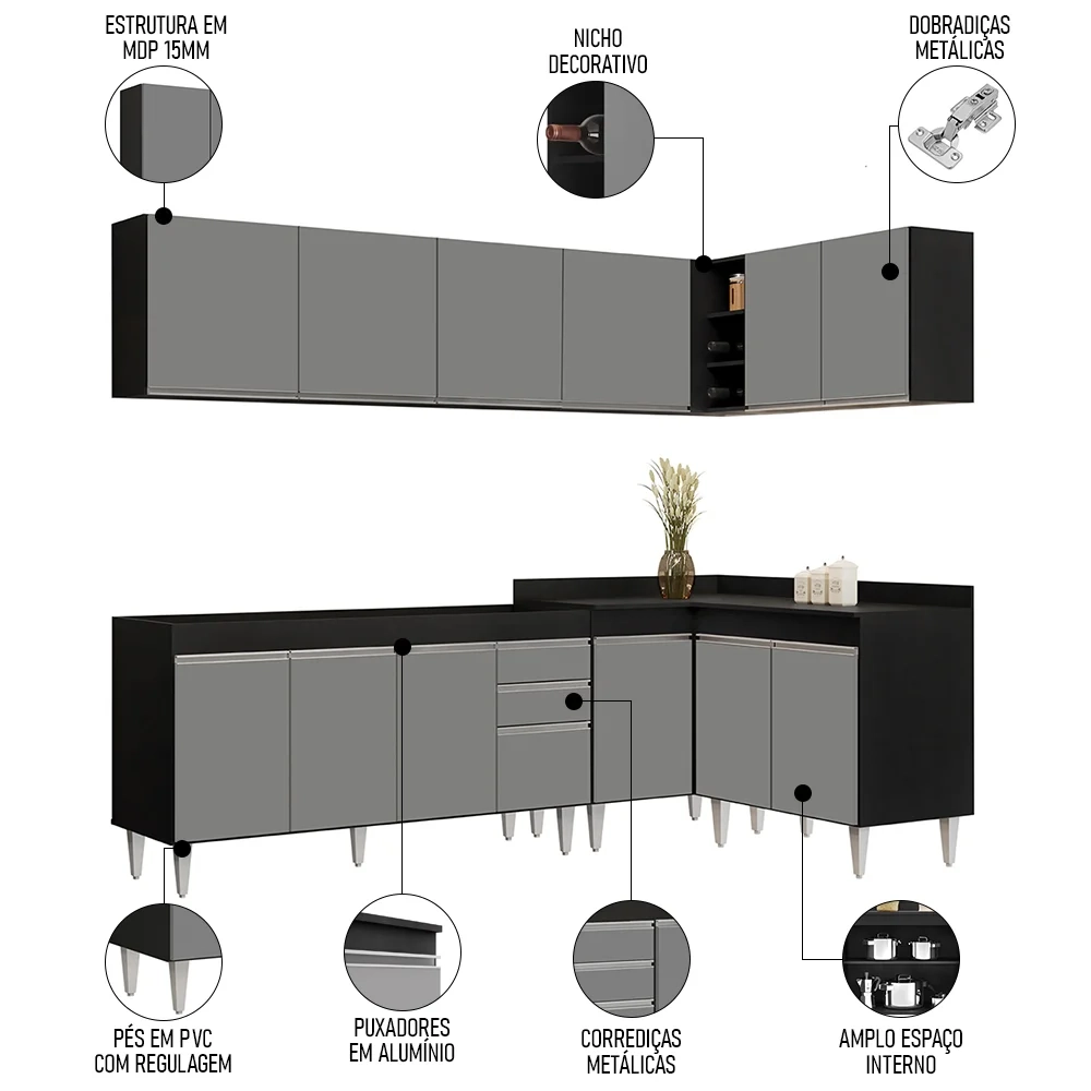 Armário de Cozinha Modulado de Canto 6 Peças CP31 Balcão sem Tampo Preto/Cinza - Lumil