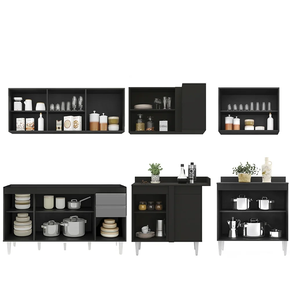 Armário de Cozinha Modulado de Canto 6 Peças CP31 Balcão sem Tampo Preto/Cinza - Lumil