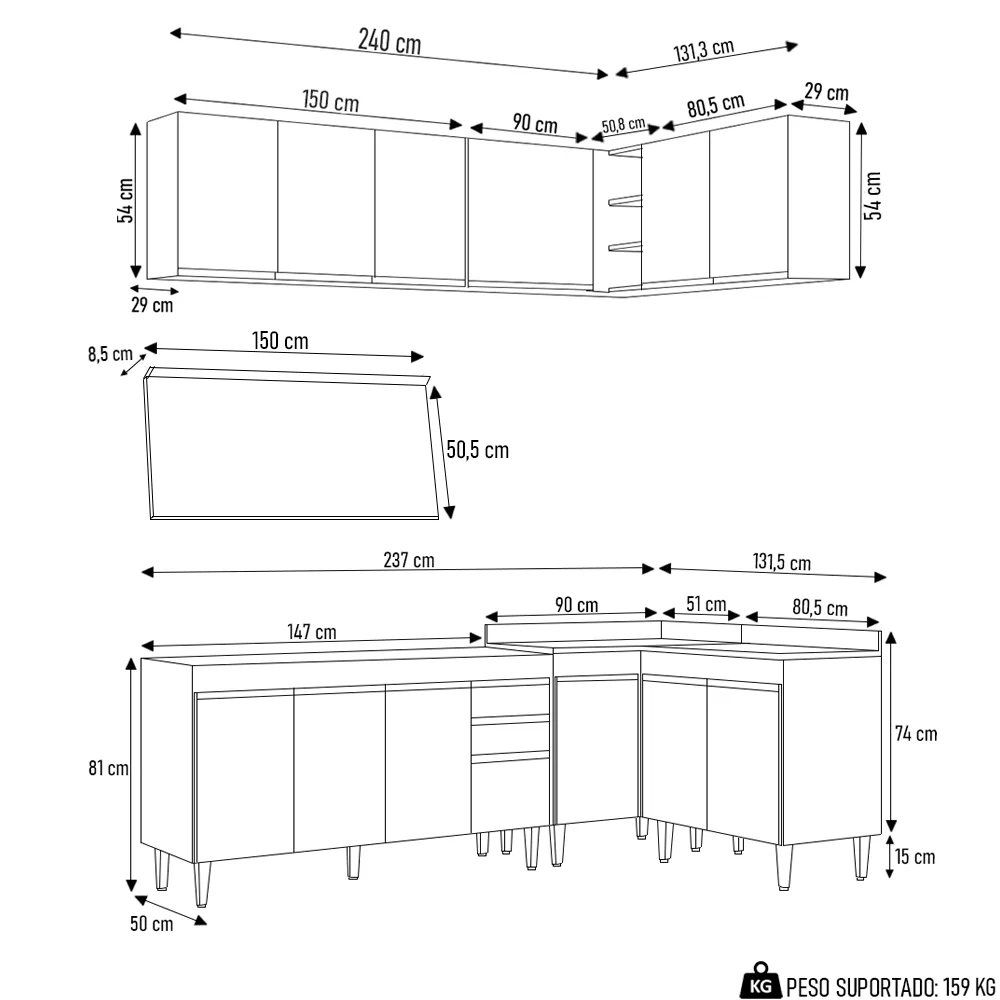 Armário de Cozinha Modulado de Canto 6 Peças CP32 Balcão com Tampo Preto - Lumil