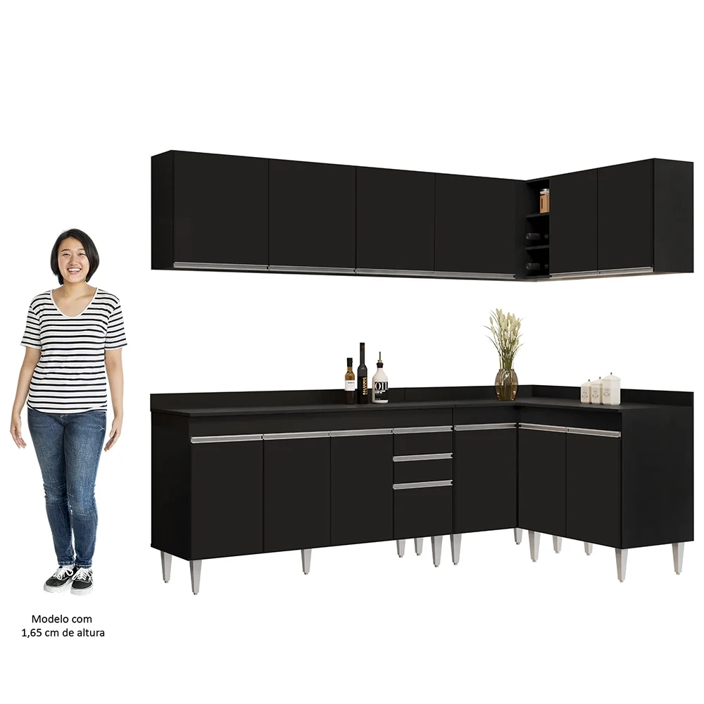 Armário de Cozinha Modulado de Canto 6 Peças CP32 Balcão com Tampo Preto - Lumil