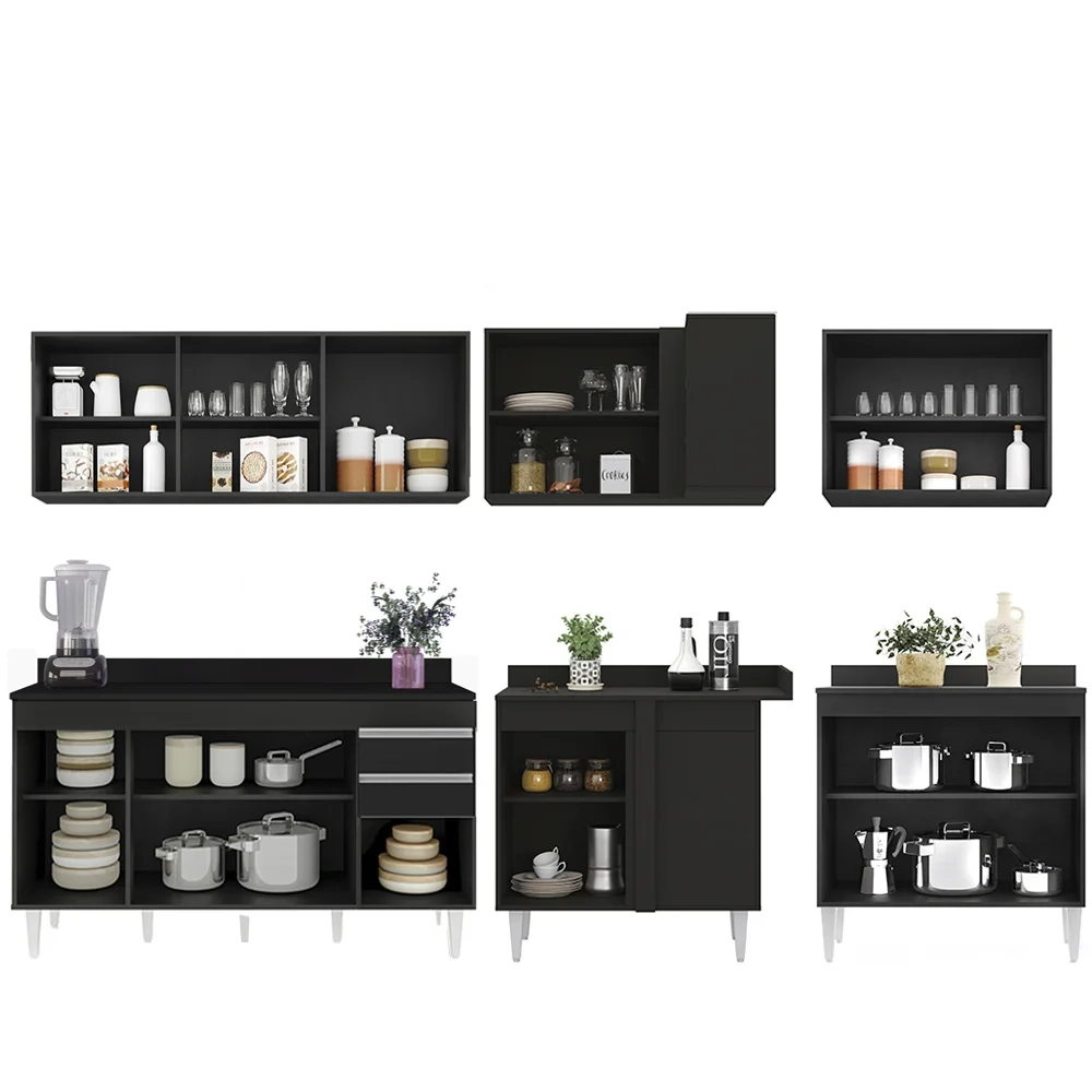 Armário de Cozinha Modulado de Canto 6 Peças CP32 Balcão com Tampo Preto - Lumil