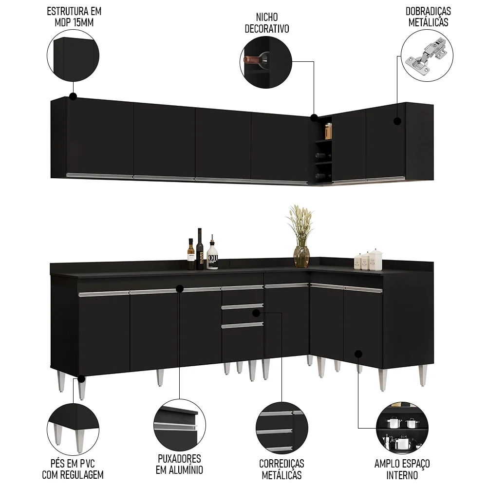 Armário de Cozinha Modulado de Canto 6 Peças CP32 Balcão com Tampo Preto - Lumil