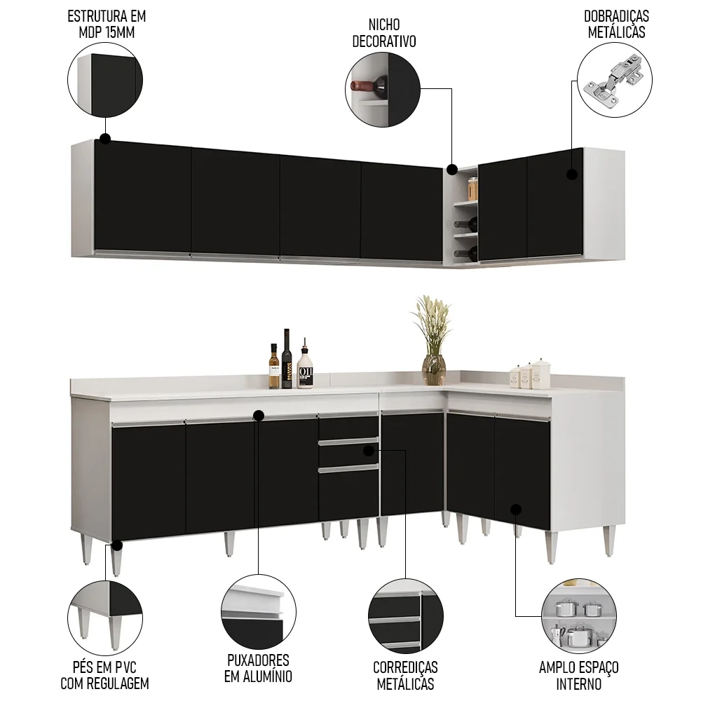 Armário de Cozinha Modulado de Canto 6 Peças CP32 Balcão com Tampo Branco/Preto - Lumil