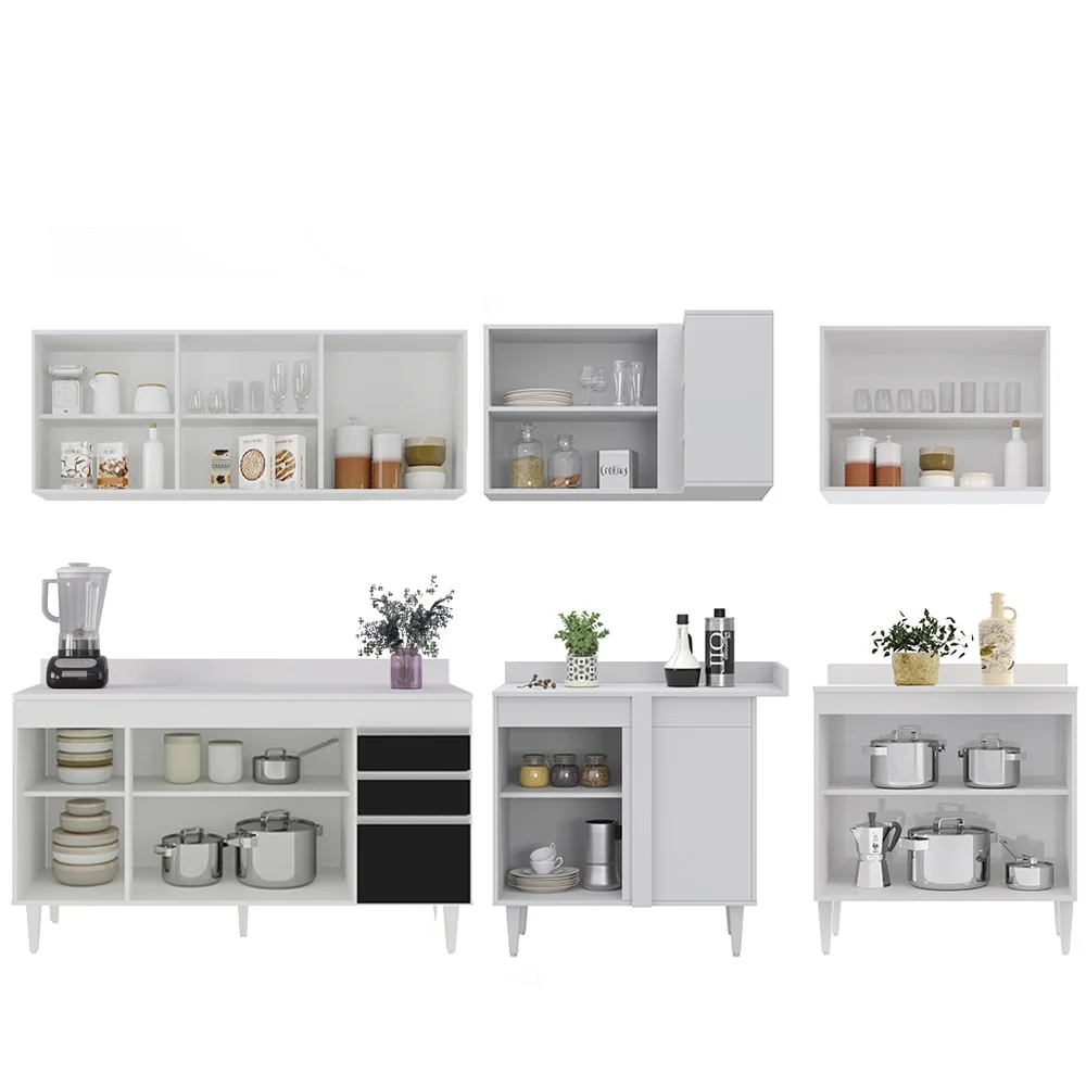 Armário de Cozinha Modulado de Canto 6 Peças CP32 Balcão com Tampo Branco/Preto - Lumil