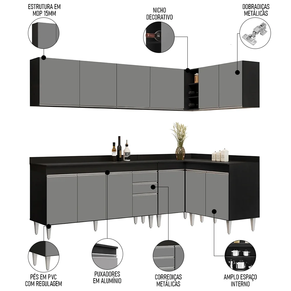 Armário de Cozinha Modulado de Canto 6 Peças CP32 Balcão com Tampo Preto/Cinza - Lumil
