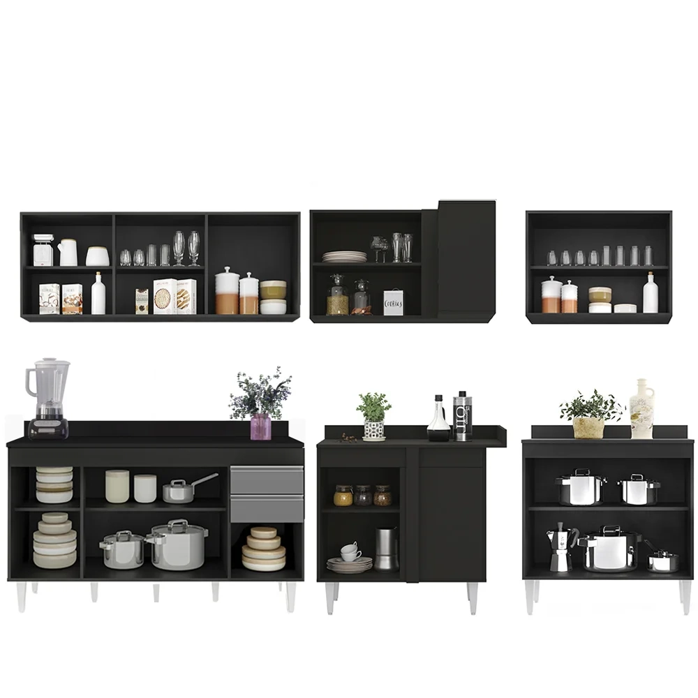 Armário de Cozinha Modulado de Canto 6 Peças CP32 Balcão com Tampo Preto/Cinza - Lumil
