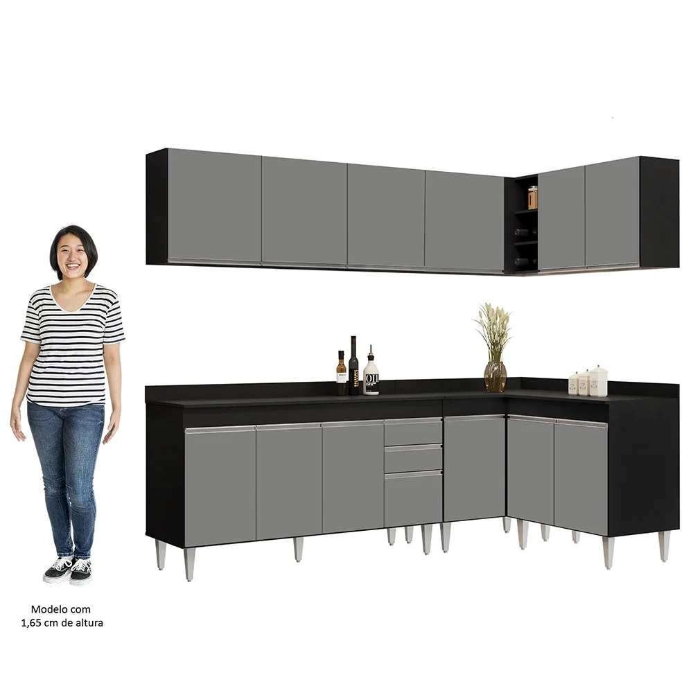 Armário de Cozinha Modulado de Canto 6 Peças CP32 Balcão com Tampo Preto/Cinza - Lumil