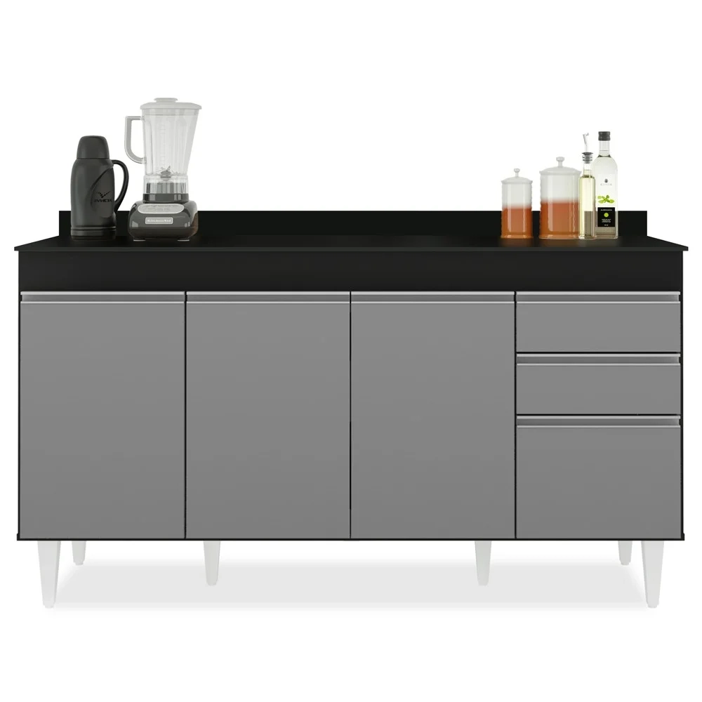 Armário de Cozinha Modulado de Canto 6 Peças CP32 Balcão com Tampo Preto/Cinza - Lumil