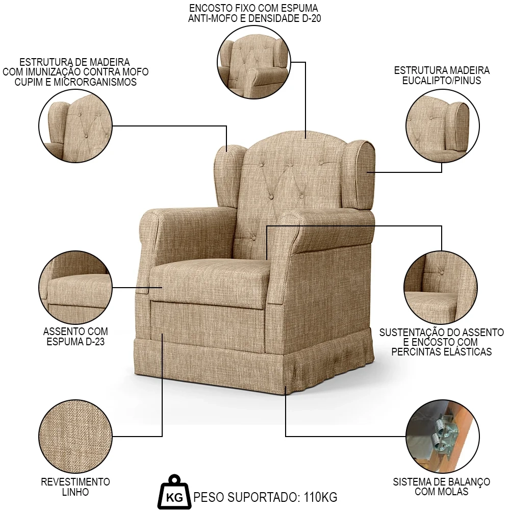 Poltrona de Amamentação Balanço Letícia Linho Bege Escuro - Phoenix