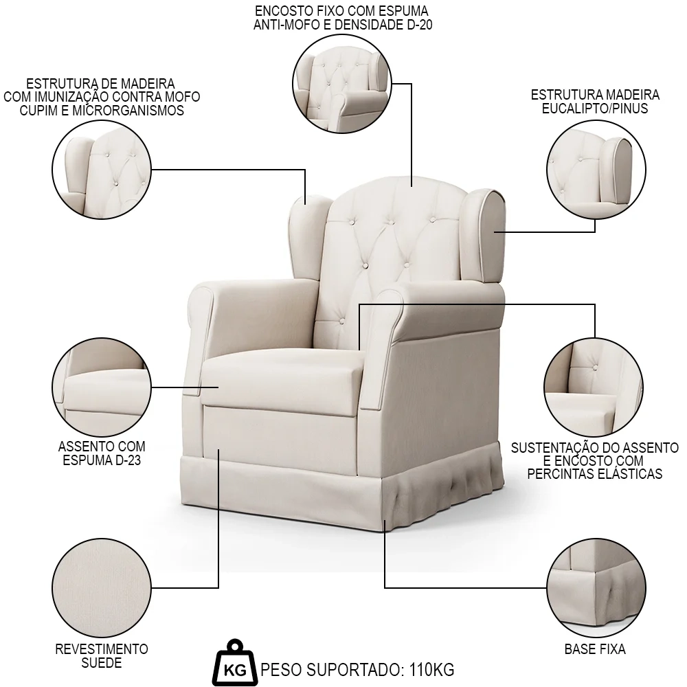 Poltrona de Amamentação Fixa Letícia Suede Bege - Phoenix