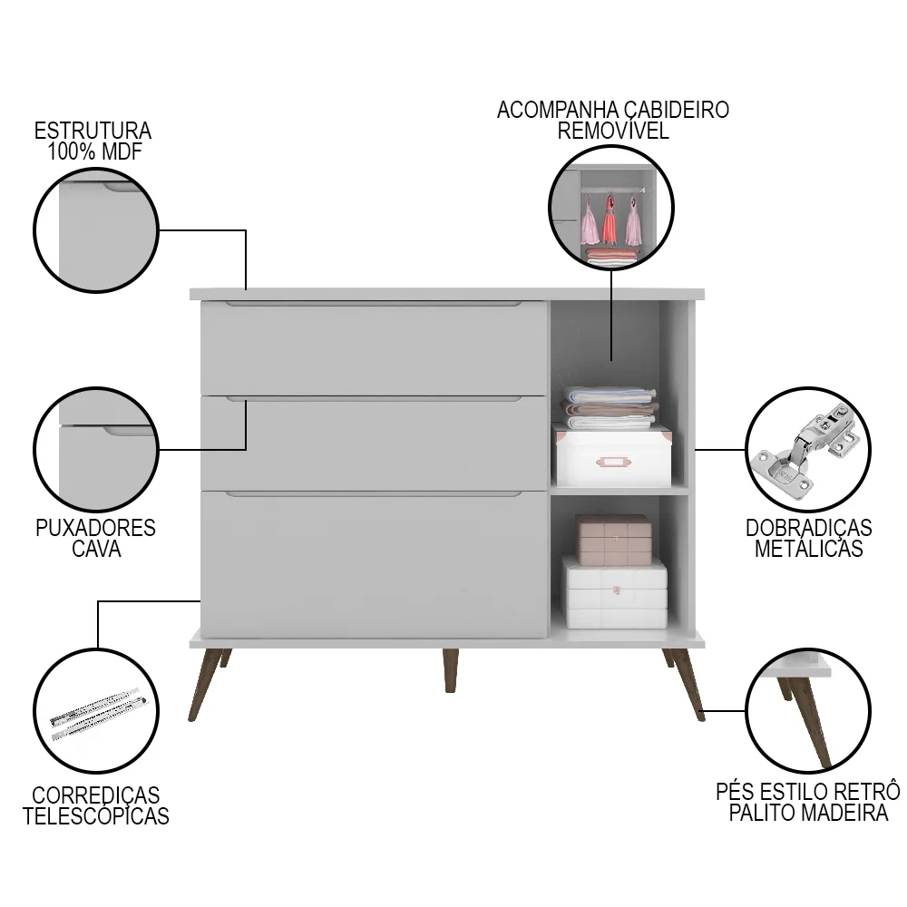 Cômoda Infantil 1 Porta 3 Gavetas 100% MDF Pés Retrô Melinda Cinza - Phoenix