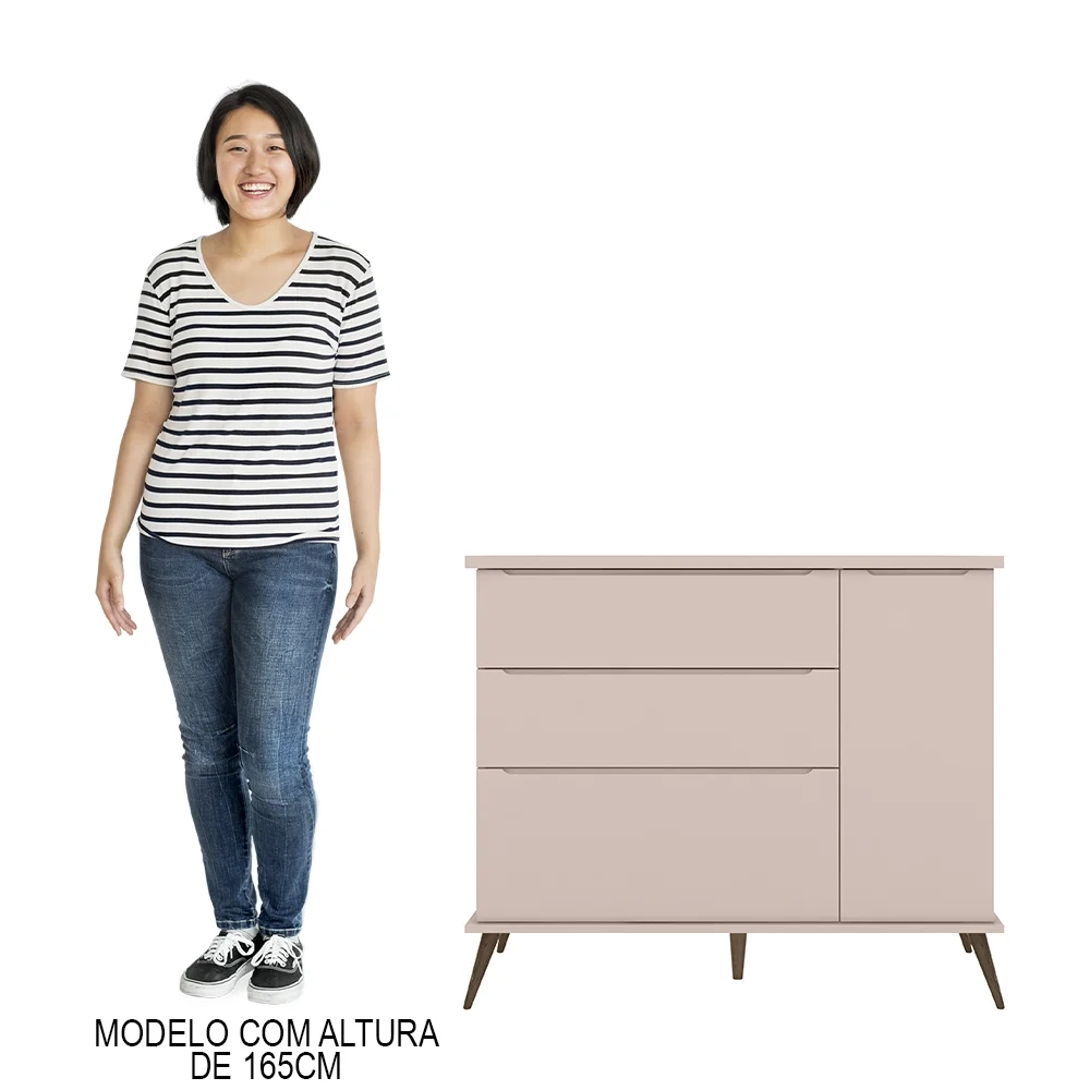 Cômoda Infantil 1 Porta 3 Gavetas 100% MDF Pés Retrô Melinda Rosê - Phoenix